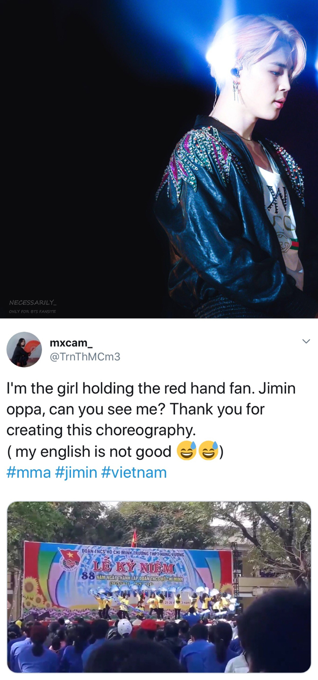 The fan dance, which was presented at the 2018 Melon Music Awards by BTS main dancer and lead vocalist Jimin, and received a plaque of appreciation from the Kim Baek-bong fan dance conservation association, was reproduced by local high school students at the 88th Ho Chi Minh Communist Party Youth Alliance celebration stage in Vietnam.A girl at Vietnam Hung Vuong High School said, Im a woman with a red fan, along with a fan dance performance video through her SNS account.Jimin, do you see me? Thank you for making this choreography. Students who practiced with 20 friends for two weeks showed BTS Jimins fan dance brilliantly and also Vietnam had a dance similar to Korean fan dance, which got a great response from citizens who were not unfamiliar with choreography.On the other hand, BTS Jimin is enjoying the highest popularity in many countries, with little Haru in the absence of activity, and has a big fandom in the whole world.