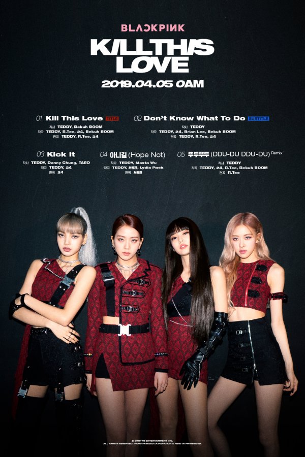 Group BLACKPINK has released a new mini album track list.YG Entertainment released a poster on its official blog today at 9 a.m., featuring a track list of all songs from BLACKPINKs new EP album Kill Dis Love (KILL THIS LOVE).BLACKPINK in the poster is a look that shows off the ethnic pattern, and it emits intense girl crush charm.The teaser officially announced that the new EP album of BLACKPINK will be released at 0:00 on April 5.Most of the new albums have been released at 6 pm after the reorganization of the domestic music charts, but BLACKPINK has decided to release the album at 0 oclock exceptionally for the simultaneous release of the entire World.This was decided at the request of the United States of America Universal Music Group to target not only domestic but also global markets.This BLACKPINK title song Kill Dis Love is the main theme of intense lead brass and magnificent drum sound.On top of that, the rap and vocals of BLACKPINK members penetrated and clearly captured the music color of BLACKPINK.TEDDY and the best producers who have been with BLACKPINK since their debut have once again joined together for this new news.TEDDY and Bekuh BOOM were the lyrics of Kill Dis Love, and TEDDY, R.Tee, 24, and Bekuh BOOM were the composers.In particular, the second track Dont Know What To Do, following the title song Kill Dis Love, was specified as a sub title song.This is a song that shows the perfect success of the explosive drop part following the calm and dreamy chorus.In addition, it presents a richer musical spectrum with songs such as Kick It and Hope Not.You can also see a remix version of Tudududou, which caused a World gust.BLACKPINK grew into a global girl group representing K-pop through its first mini-album SQUARE UP, which contains Toudoudu Dudu last year.Former World fans are paying attention to what kind of transformation BLACKPINK would have made with the new news Kill Dis Love.In particular, BLACKPINKs release of Kill Dis Love is expected to be hot in the United States of America, which is about to make a full-fledged entry into the Beverly Center in Los Angeles, California.BLACKPINK, which has emerged on the huge Beverly Center signboard known as Los Angeles attraction, is being talked about on various SNS and is gathering topics.BLACKPINK will be on stage at the Coachella Festival, the United States of Americas largest music festival, on the 12th and 19th after the release of Kill Dis Love on the 5th.Starting from 17th, we will visit World fans on a North American tour that will lead to six cities and eight performances starting in Los Angeles.