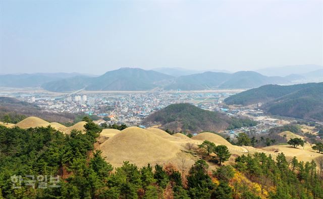 지산동고분군의 대가야 무덤은 주산 능선과 경사면 전체에 분포돼 있다. 고분 탐방로를 걸으면 대가야읍 풍경이 한눈에 들어온다.