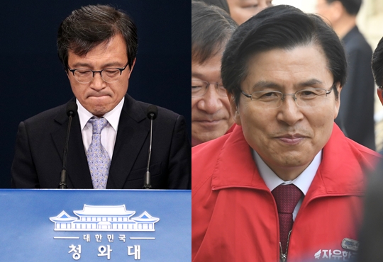 황교안(오른쪽) 자유한국당 대표와 김의겸 전 청와대 대변인. 뉴시스