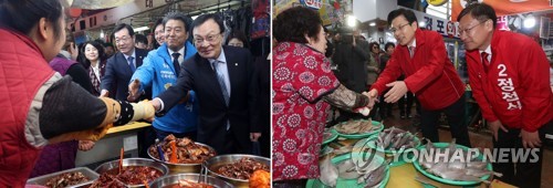 같은 날 통영 찾은 민주·한국 (통영=연합뉴스) 김동민 기자 = 더불어민주당 이해찬 대표(왼쪽사진)가 4·3 보궐선거 통영·고성지역 양문석 후보와 함께 18일 오전 경남 통영시 통영중앙시장을 돌며 상인과 인사하고 있다.       오른쪽 사진은 자유한국당 황교안 대표와 정점식 후보가 18일 오후 같은 장소를 돌며 상인과 인사를 하는 모습. 2019.3.18 image@yna.co.kr