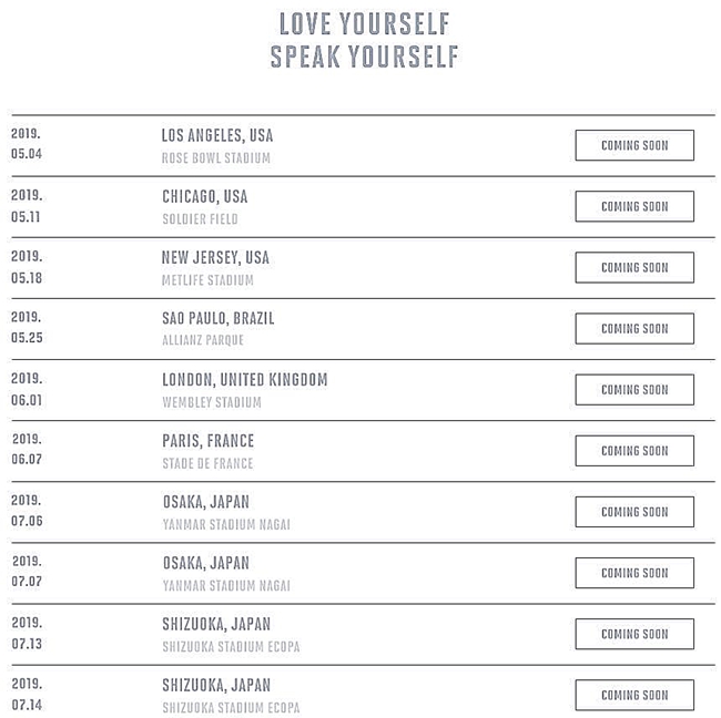 BTS will tour 10 locations in five countries, starting with the United States of America Los Angeles (LA) Rose Bowl AT & T Stadium on May 5.As the venues that BTS will step on are released, they feel their world position.First, United States of America, BTS, debuts on tour at the Los Angeles Rose Bowl AT.The Rose Bowl AT & T Stadium is the Olympic soccer final, the World Cup final, and the Super Bowl.It is also huge compared to the Seoul Gocheok Sky Dome (20,000 people), which is considered to be the largest performing venue in Korea for singers.Of course, there are some World Cup stadiums (60,000 people), but they are usually used only when groups hold festivals or perform in groups.It was possible to open AT & T Stadium concert alone because it was BTS.BTS will continue its United States of America tour at Rose Bowl AT&T Stadium, followed by Chicago Soldier Field (60,000 people) on May 12, and New Jersey Metlive AT&T Stadium (80,000 people) on May 19.After a United States of America tour, BTS will host a performance of Brazil Sao Paulo Allianz Parc on May 25.Allianz Parc is the representative football field and performance venue of Brazil, accommodating about 50,000 people.Worlds best venue is waiting after North and South America: Wembley AT & T Stadium in London, England.Wembley AT&T Stadium is a holy place of British sports and popular culture, with 90,000 seats, especially the home stadium of the England national team, West Ham (EPL), and a four-star football field.BTS showed off its power to sell out the AT & T Stadium.Passing Wembley, he enters Stade de France, located in France Paris, on June 8.The symbol of France sports, Stade de France, is the place where they played the World Cup in 1998, the World Athletics Championships in 2003 and the Rugby World Cup in 2007 and accommodates more than 80,000 people.After finishing the European stage, BTS goes to Japan and finishes the world tour.Japan Osaka Yanma AT & T Stadium Nagai (50,000) is the venue where the 2002 World Cup was held, and it is a deeply historical venue.It is meaningful in that it is the stage of Japan representative large performance hall.Since then, Shizuoka AT & T Stadium Ecopa (July 13-14, 50,000 people) is also said to be perfect for finishing the BTS tour.This BTS World Tour AT & T Stadium gives us a sense of their world position and the level of status to announce K pop.