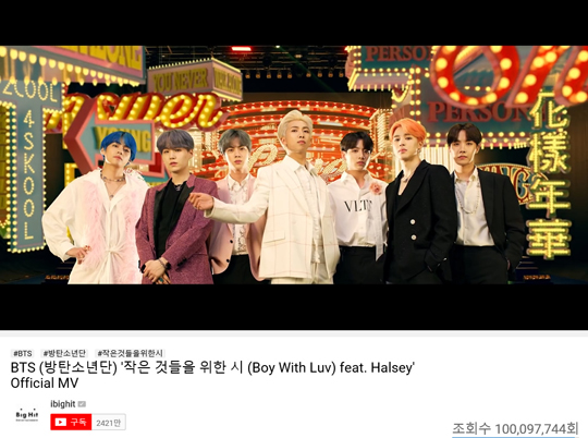 Group BTS new album title song City for Small Things music video surpassed 100 million views with the shortest time record in World.According to his agency Big Hit Entertainment on the 14th, the music video of BTS new album Map of the Sol: PERSONA titled Boy With Luv released at 6 p.m. on the 12th, exceeded 100 million YouTube views at 7:30 a.m. on the 14th, 37 hours and 37 minutes after its release.Worlds shortest record.As a result, BTS added its 18th 100 million view music video and broke its own record of music video exceeding 100 million views of Korean singer.Earlier, BTS said that DNA surpassed 600 million views for the first time in the Korean group, with Burning being 500 million views, Fake Love (FAKE LOVE), Mike Drop (MIC Drop) remixes, blood sweat tears, Idol (IDOL) being 400 million views, Save ME, Nat Today has 300 million views, Sang Man and Spring Day have 200 million views, Danger (Danger), I Need You (I NEED U), Hormon War, Haruman, Wiah Bulletproof Part.2 (We Are Bulletproof Pt.2), Run (Run. RUN) has surpassed 100 million views.The City for Small Things music video has exceeded 10 million views in 2 hours and 52 minutes and 20 million views in 5 hours and 2 minutes.It reached 50 million views at 7 am on the 13th, 13 hours later.The music video of Boy With Luv reminds me of a musical movie with a free and light BTS performance, a scene transition to and from exotic and colorful sets, and a sophisticated visual beauty.World singer Halsey has not only participated in the feature of the song, but also appeared in music videos and is receiving a hot response from the former World.This song is a punk pop genre, singing interest and love for you, and the pleasure of small, simple love.BTS, which left for United States of America on the 10th, will unveil its comeback stage for the first time on the United States of Americas NBC comedy show Saturday Night Live (SNL) on the 13th (local time).