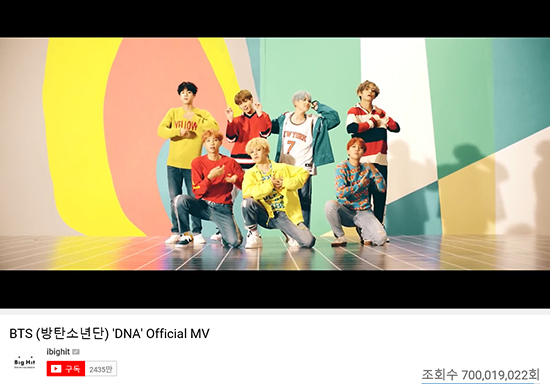 BTS added another new record: It has surpassed 700 million YouTube views with its hit song DNA.BTS took 719,200 views on YouTube with the music video of the title song DNA of Love Yourself Seung Heo (LOVE YOURSELF ) on the 15th (as of 3:00 a.m.).The record was added: DNA was released in September 2017; it has since reached 300 million views in March last year; it is the first time BTS has taken 300 million views as a movie.Since then, the Korean group has achieved 600 million views for the first time.DNA is a trendy EDM pop genre, and the lyrics depict the heart of a man in love.This is not the only thing: FAKE LOVE, the title song of Love Yourself former Tier (LOVE YOURSELF ), also had a whopping 500 million views.It surpassed 513,452 views on the 14th (as of 2 p.m.).Meanwhile, BTS confirmed its attendance at the Billboards Music Awards (BBMA).BBMA will be held at the MGM Grand Garden Arena in Las Vegas at 8 p.m. on the 1st of next month.BTS was nominated for the Top Duo/group and Top Social The Artist category, which will perform with Pop The Artist Halsey and Performer.