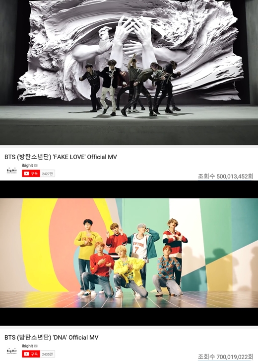 Group BTS FAKE LOVE music video and DNA music video exceeded 500 million views and 700 million views respectively.BTS LOVE YOURSELF Her title song DNA music video exceeded 700 million YouTube views at 3:23 am on the 15th.The FAKE LOVE music video of LOVE YOURSELF Tear reached 500 million YouTube views at 2:04 pm on the 14th.DNA is the first music video in Korea group to achieve 600 million views. It visually expresses the lyrics of DNA, which is fateful from the beginning through virtual reality drawn in intense color and scenes that seem to cross space.DNA has been on the Billboards main chart Hot 100 for four consecutive weeks since its release in September 2017, and was certified as a Gold digital single by the United States of America Record Industry Association in February last year.FAKE LOVE music video expresses the emotions of the dark farewell that comes after realizing false love, and the intense performance and sophisticated visual beauty of BTS spreading between colorful sets make it impossible to keep an eye on.FAKE LOVE ranked 10th on the United States of America Billboards main chart Hot 100 and set the Korean group record.Meanwhile, BTS announced its successful comeback on the 13th (local time) at the United States of America NBC SNL, finishing the worlds first new song stage.