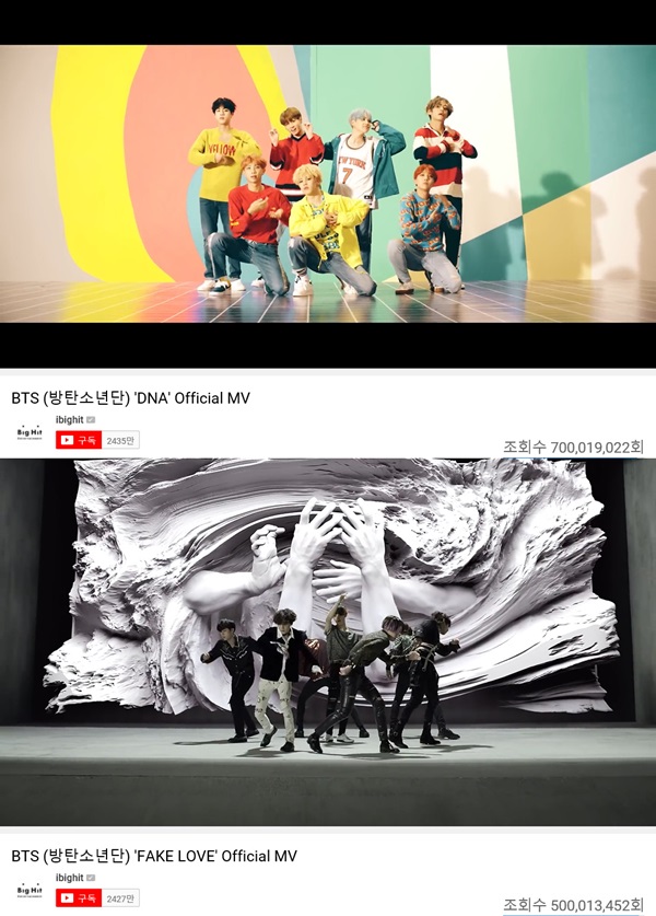 Group BTSs Fake Love music video and DNA music video each exceeded 500 million views and 700 million views.BTSs Love Yourself Win Huh (LOVE YOURSELF Her) title song DNA music video exceeded 700 million YouTube views around 3:23 a.m. on the 15th.Earlier, at around 2:04 p.m. on the 14th, the music video for Fake Love, the title song of Tear (before Love Yourself), reached 500 million YouTube views.DNA is the first music video in Korea group to achieve 600 million views. It visually expresses the lyrics of DNA, which is fateful from the beginning through virtual reality drawn in intense color and scenes that seem to cross space.DNA charted for the fourth consecutive week on the Billboards main chart Hot 100 since its release in September 2017, and was certified as a gold digital single by the United States of America Record Industry Association in February last year.In addition, Fake Love music video expresses the emotions of the dark farewell that comes after realizing false love, and the intense performance and sophisticated visual beauty of BTS unfolding between colorful sets make it impossible to keep an eye on it.Fake Love ranked 10th on the United States of America Billboards main chart Hot 100 and set the Korean group record.In addition, BTS has 500 million views of burning up, scared, mic drop remixes, blood sweat tears, idol 400 million views, Save ME, Nat Today 300 million views, spring day, 200 million views, danger, I Need You NEED U) Hormon War Haruman We Are Bulletproof Pt.2 Run (RUN) Poetry for Small Things (Boy With Luv) feat.Halseys and others have achieved 100 million views, which has a total of 18 music videos with more than 100 million views.Meanwhile, BTS announced its successful comeback on the 13th (local time) at the United States of America NBCs SNL with the worlds first new song stage.