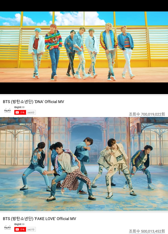 The groups BTS DNA music video has surpassed 700 million views and attracts attention.According to his agency Big Hit Entertainment on the 15th, BTSs Love Yourself (LOVE YOURSELF) win (Her) title song DNA music video exceeded 700 million YouTube views on the day.Dien Ai is the first music video in the Korean group to achieve 600 million views. It visually expresses the lyrics of DNA, which is fateful from the beginning through virtual reality drawn in intense color and scenes that seem to cross space.Diane has been on the chart for four consecutive weeks on the Billboardss main chart Hot 100 since its release in September 2017.BTS Fake Love (FAKE LOVE) music video, which surpassed 500 million views, expressed the sensitivity of the dark parting that faced after realizing false love.Fake Love features intense performances and sophisticated visual beauty of BTS, which is unfolding in and out of colorful sets.Fake Love ranked 10th on the US Billboardss main chart Hot 100 and set the Korean groups highest record.BTS staged a comeback on the 13th (local time) on the NBC entertainment program Saturday Night Live in United States of America with a new song City for Small Things.