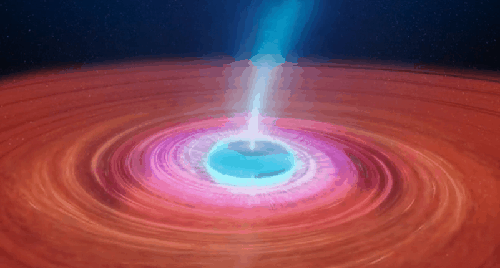 춤추는 V404 Cygni 블랙홀 제트 강착원반 안쪽 부분(도넛형태)이 팽이처럼 세차운동을 하며 제트도 춤추듯 방향을 바꾸고 있다. [ICRAR 제공]