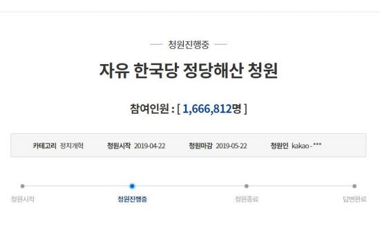 2일 오전 10시50분 기준 자유한국당의 해산을 촉구하는 청원이 동의 166만을 넘어섰다.사진=청와대 국민청원 게시판