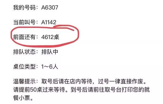 중국 항저우의 한 식당을 찾은 고객이 받은 대기 번호표. 6307 번호를 받았는데 앞에 기다리는 테이블 수가 4612개로 나와 있다. [신화사 캡처]