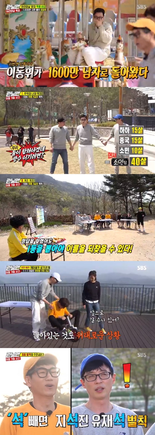 Running Man to X Kim Jong-kook is X-min, to win the final. the analysis of the photos themselves make the rules, and as <p> Running Man, Kim Jong-kook, min team won the championship.</p><p>5 days broadcast SBS Running Manin the childrens day special, decorated in the name runaway incident race unfolded.</p><p>This day, the members of Yi Dong-hwi, one of the most exclusive guestand was delighted. Yoo Jae-Suk is how long before the extreme job done together did so single-handedly come to knowand half is exposed, and Yi Dong-hwi, glory.</p><p>Yi Dong-hwi is opening with the film Children ofintroduced. Yoo Jae-Suk is the tone because it is said to dry conditions, which seems to be,he said to laughter, I found myself. This is a if you dont want dont,he said. Yi Dong-hwi is a little more effort in, I try totone by raising the re-introduction began, but the members are dedicated to not seem. Hard the tea inside. Minus the quality.said around.</p><p>This day in the members name runaway incident race unfolded. Childrens name to commemorate childrens day in the members name disappeared, and the three teams divided into team members the name of the first found wins. Or name you dont see people power penalty.</p><p>First The Mission I will eat The Gamein the light of as a darn team(Lee Kwang-Soo, Song JI Hyo, JI Suk Jin)won the championship. In this song, the, ads, letters acquired.</p><p>The second The Mission key quizfrom Song JI Hyo is 1 such as the paper pulled The Game ends. The GNOME team is effective, this, letter was obtained, and Lee Kwang-Soo and Song JI Hyo to find the name.</p><p>Last The Mission is as much as you need to find out the name of the jump jump bread bread bike The Game was. Bike ride the opposing teams balloons to pop whenever one character by character to acquire it. 1:1:1 advance The Mission with the item differential payments.</p><p>Based on Kim Jong-kooks active with a small team(one, Min, Kim Jong-kook)the remaining 7 letters in all. By this small team name to reclaim the Championship confirmed. Foraging bracelets decided still to unfold in the second half of this tour of the bike and the weight could not bear it and two I have a group laugh.</p><p>After the exposure the light of the balloon amount and more as if The Game was shut down. Yoo Jae-Suk masterfinds the stones with all the names found, the analysis with the last of their balloons from one to subtract that was. Rock, paper, scissors to win the Tour Masterexcept in the final with Suk Jin, Yoo Jae-Suk water right is not subject to penalties. / Photo = SBS TV screen</p>