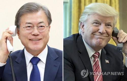 한미정상 35분간 통화…'한반도 현 국면 진전 방안 논의' (서울=연합뉴스) 문재인 대통령은 7일 오후 35분간 도널드 트럼프 미국 대통령과 통화하면서 북한이 지난 4일 쏘아올린 발사체 관련 정보를 공유하고 이후 한반도 비핵화 방안에 대해 논의했다.      청와대는 문 대통령과 트럼프 대통령이 오후 10시부터 10시35분까지 통화했다고 밝혔다. 2019.5.7 [청와대 제공, 연합뉴스자료사진] scoop@yna.co.kr