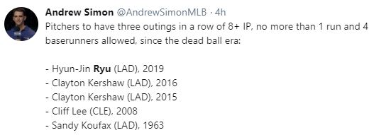 MLB.com 앤드류 사이먼의 트위터. 그의 말에 따르면 8이닝 이상 소화하면서 1점 이하의 점수를 내주고 4명 이하의 주자를 내보낸 경기를 세 경기 연속 기록한 선수는 샌디 쿠팍스, 클리프 리, 클레이튼 커쇼 세 명 뿐이다.