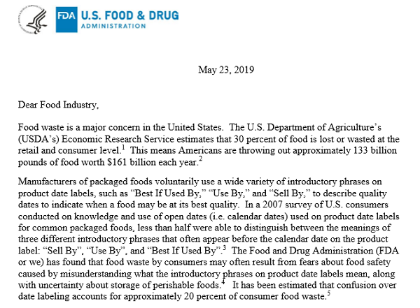 미국 식품의약국(FDA)이 23일 미국 식품업계에 유통기한 대신 최적소비기한 문구 사용을 촉구하는 서신을 발송했다./자료제공=FDA 서신 캡처