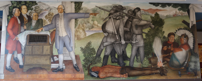 벽화 ‘워싱턴의 생애’ 중에서 가장 논란이 되는 작품. 아메리카 원주민 주검이 널브러져 있는 가운데 조지 워싱턴으로 표현된 인물이 참모들과 뭔가 논의하고 있다.