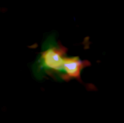 ALMA와 허블망원경으로 포착한 'B14-65666' 합성이미지 ALMA로 포착한 먼지(적색), 산소(녹색), 탄소(청색), 허블망원경이 잡은 별(흰색)의 분포를 나타낸다. [ALMA (ESO/NAOJ/NRAO), NASA/ESA Hubble Space Telescope, 하시모토 제공]
