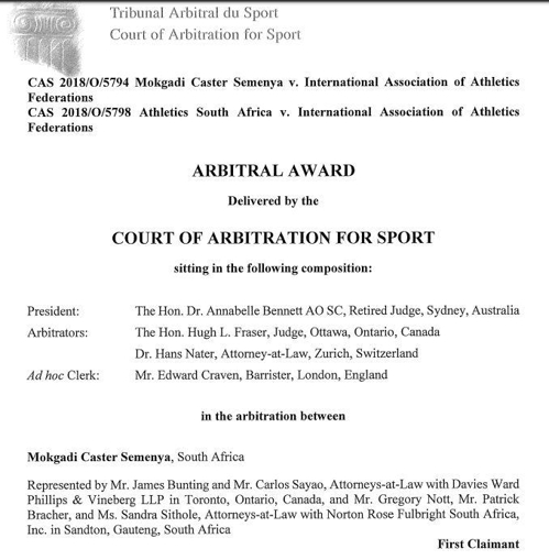 스포츠중재재판소(CAS)가 공개한 IAAF와 세메냐 재판 기록 [CAS 홈페이지]