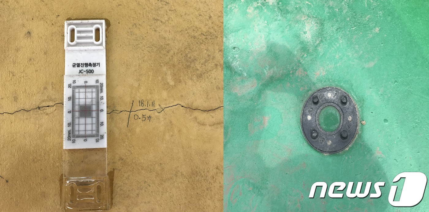24일 <뉴스1> 취재진이 홍법사를 방문해 촬영한 대연마루 조합과 홍법사가 실시한 계측진단 균열 측정기.왼쪽이 조합이 설치한 측정기이고, 오른쪽이 사찰이 설치한 측정기다.2019.06.24/© 뉴스1 박세진 기자