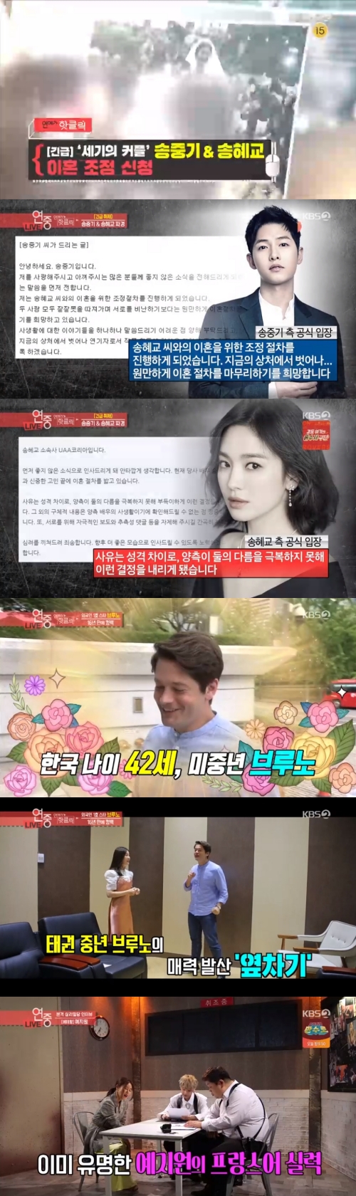 Entertainment Weekly Song Hye-kyo - Song Joong-ki couple broke down after a year and eight months of marriageOn the 28th KBS2 entertainment program Entertainment Weekly, the news of the divorce adjustment of Song Hye-kyo - Song Joong-ki couple was reported.On the day, Song Joong-ki received a divorce settlement application through a legal representative.Song Joong-ki - Song Hye-kyo couple quietly prepared for divorce without notifying their agency, and the agency also answered silently.The expert said, The reason for the divorce adjustment process seems to be aimed at minimizing media exposure.The divorce is a way for entertainer couples to use it because the two parties must attend at the same time, while the agent can go out and finish the trial early after the divorce mediation process.After the news of the divorce settlement was announced, the difference in the position posted by Song Hye-kyo - Song Joong-ki on SNS was also covered.Song Joong-ki said, I hope to get out of the wound and finish the divorce process smoothly. Song Hye-kyo said, The reason is because of the personality difference, and the two sides have not overcome the difference.Meanwhile, the Song Hye-kyo - Song Joong-ki couple married in October 2017 and called the couple of the century and focused public attention.The news of the two peoples misfortune has also caused the foreign media to see. In China, related search terms have exceeded 2 billion views.The news of the comeback of Brüno, the first foreign star, was followed.Brüno expressed his gratitude to Korea and KBS, which he visited in 16 years, and recalled his first visit to Korea. I learned Taekwondo for a while.I saw the picture at that time and it is a baby. Among them, Brünos fluent Korean language skills attracted attention. Brüno said, I was so pulled from Korean food that I went to Korean town.I had a lot of opportunities to make food in Korean and speak in Korea. In addition, Brüno has been acting in Germany for six years, and has set up a Korean fusion restaurant.I wanted to eat Korean food and Korean friends wanted to make it. The kitchen friends were all Korean people. Finally, Brüno said, I do not know what will happen because I am still acting in Germany, but I hope I can go back and forth. I hope I can take a drama in Korea.The Korean Loves Entertainment Couple Stars were released.Yoo Tae - Kim Hyo-jin and Choi Min-soo - Kang Joo-eun couple, Pang Hyun-sook - Choi Yang-rak couple, Kim So-hyun - Son Jun-ho couple, Woo Hyo-kwang - Chu Ja-hyun couple, Ahn Jung-hwan - Lee Hye-won couple, Lee Jae-ryong - Yoo Ho-jung couple,In addition, YGs suspicion of sexual favor, Jung Jun-young - Choi Jong-hoons full-scale denial of sexual assault, and Bucheon International Fantastic Film Festival opening news were discussed.In the corner of Stars House, interviews with actors Choi Jung Won, Hong Ji Min, Park Jun-myeon and Luna of the musical Mamma Mia were drawn. In the Veteran corner, interviews with actress Ye Ji Won were revealed.Finally, interviews with movie actors were also reported.Following interviews with actors Song Kang-ho, Park Hae-il and Jeon Mi-sun of the movie Naratmal Sami, local interviews with Charlize Theron and Seth Logan of the movie Long Shot were revealed and attracted attention.