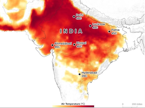 6월 10일 나사가 촬영한 인도의 온도 [CNN 인도네시아]