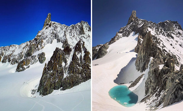 알프스산맥 최고봉 몽블랑의 한 산에서 불과 열흘 사이 형성된 호수가 관측됐다. 산악인 브라이언 메스트레는 지난달 28일 이 호수를 발견했다고 밝혔다. 왼쪽은 메스트레의 동료가 6월 중순 촬영한 사진이며 오른쪽은 메스트레가 10일 후 같은 지점에 생긴 호수를 촬영한 사진.