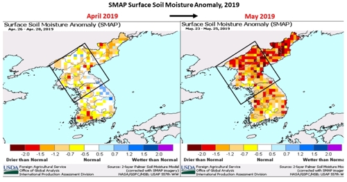 북한 토양 수분 분석한 미 농무부 자료 (서울=연합뉴스) 미국 농무부가 22일(현지시간) 내놓은 보고서에 게재된 토양 내 수분 분석 자료. 인공위성 자료를 분석한 것으로, 토양은 흰색(보통)을 기준으로 붉어질수록 건조, 파란색 계통으로 진해질수록 습윤하다는 의미. 올해 4월(왼쪽)에 비해 5월(오른쪽)에 토양 건조 현상이 심해진 것을 볼 수 있다[농무부 보고서 캡처]. 2019.7.24