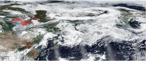 시베리아 산불로 발생한 연기 확산(위성사진) [NASA 홈페이지 캡처] 2019.7.30