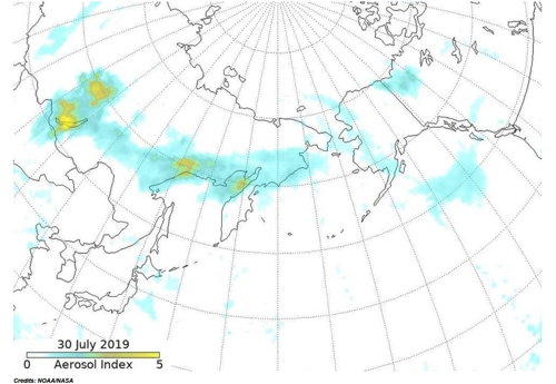 시베리아 산불로 발생한 연기 확산 [NASA 홈페이지 캡처] 2019.7.30
