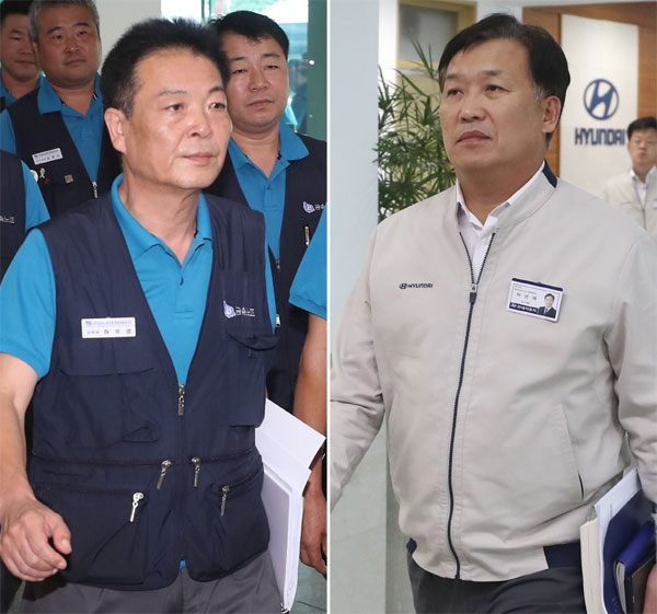현대자동차 노사가 지난 27일 8년 만에 파업 없이 임금 및 단체협약에 잠정 합의했다. 이날 오후 현대차 울산공장 본관에서 하부영 노조 지부장(왼쪽)과 하언태 현대차 부사장이 교섭장으로 들어가고 있다. [연합뉴스]