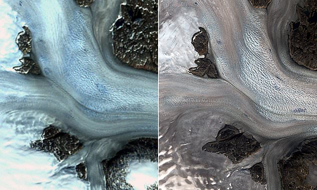 그린란드 빙하의 현재(왼쪽)와 과거 모습(사진=NASA)