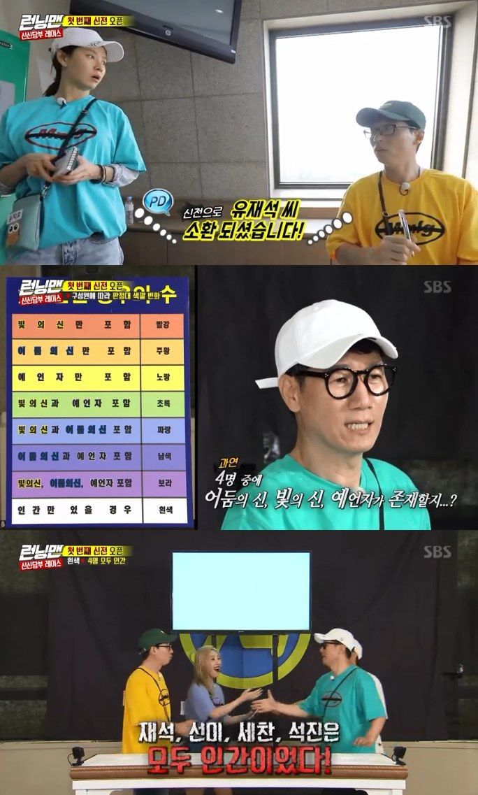 On SBSs Running Man, which aired on the 8th, he was sent to arrest God, and he had to find members who had received the role of the god of darkness, the god of light, and the prophet.Ji Seok-jin suspected Yoo Jae-seok from the beginning. The stern used the right to summon the temple, saying Yang Se-chan was strange.The crew provided hints that all four were human.Yoo Jae-seok, Yang Se-chan, Ji Seok-jin, and Stern, who made an unexpected alliance, apologized for doubting each other and burned their desire to find the god of darkness and the god of light.Meanwhile, Jang Ye-won announcer suspected Girls Generation Sunny, saying, My sister is suspicious. She is following two cameras.So, Sunny said, My brother is two, including a moving cam. I doubt it.
