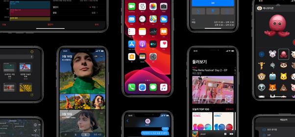 iOS13의 가장 큰 특징인 ‘다크모드’가 적용된 화면. 애플 홈페이지 캡처