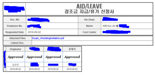 김규진씨의 신혼여행 휴가 및 경조금 지급 신청서. 반나절만에 결재권자 3명의 승인을 받았다. 김규진씨 제공