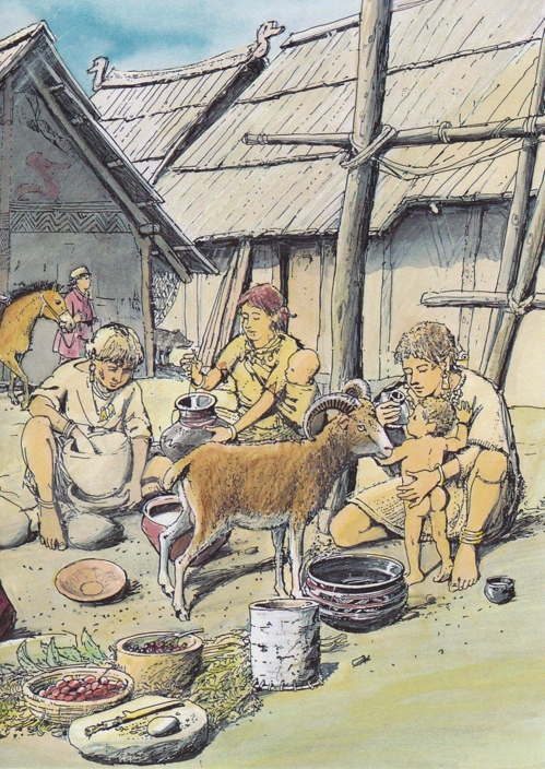 선사시대 가족이 유아에게 '젖병'으로 동물젖을 먹이는 상상도 [Archaologie der Schweiz 제공]