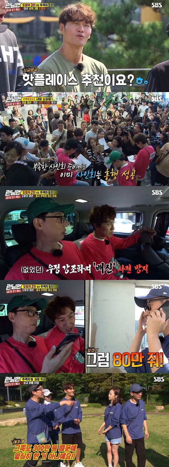The Chaser team, including Running Man Kim Jong-kook, arrested the fugitive team and won the championship.On SBS Running Man broadcasted on the 13th, Kim Jong-kooks hometown Anyang was shown to be a search race.On the day of the broadcast, the members were divided into fugitives and the Chaser team and chased with a prize money of 3 million won.The fugitive was decided to be Yoo Jae-Suk, Lee Kwang-soo, and Yang Se-chan, so he had to perform the mission without being caught by Kim Jong-kook.On the first mission, the three people visited the place where Kim Jong-kook recently signed and had to sign more than 100 signatures to the citizens.Yoo Jae-Suk, who heard the mission, laughed at the attitude of Who asked me to come here?Meanwhile, The Chaser team received a hint of 30 seconds of eavesdropping and accurately inferred the place of the fan signing.However, the fugitive team missed the fugitive team by five minutes, and the fugitive team headed to Kim Jong-kooks regular restaurant, Seollungtang, through Kim Jong-kooks manager.But The Chaser team also got the high school information from Kim Jong-kook and the restaurant that persuaded Kim Jong-kooks manager to inform the fugitive team.The fugitive team who arrived at the Seolungtang house soon ate Lee Kwang-soo and Yoo Jae-Suk while Yang Se-chan watched the net.But as the team of The Chaser came in soon enough, Yang Se-chan eventually tore off the name tag, leaving the word runaway.Fortunately, Yoo Jae-Suk and Lee Kwang-soo managed to save their lives and succeed in the mission.Yoo Jae-Suk and Lee Kwang-soo then ate Dongas for Anyang 1st Street and The Chaser team headed to the Holy High with the induction of spy Ji Suk-jin.However, Lee Kwang-soos mistake redirected the team to Anyang 1st Street again and Yoo Jae-Suk torn the name tag to Kim Jong-kook for Lee Kwang-soos betrayal.Lee Kwang-soo, who remained alone, struggled to perform the underground shopping mission, but eventually tore his name tag on Kim Jong-kook, and the Chaser team won the prize money of 3 million won.Photo: SBS broadcast screen