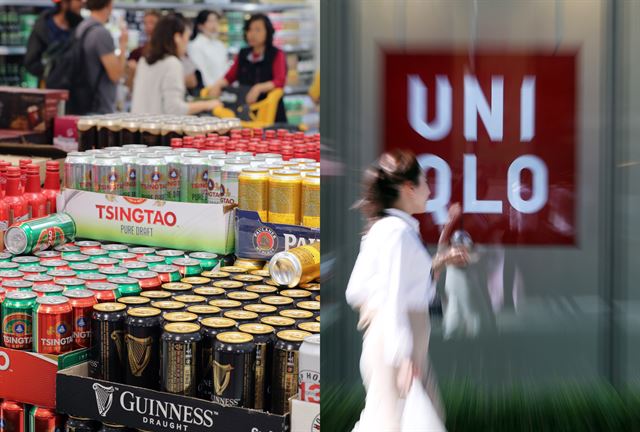 일본 정부가 수출규제를 시행한 지 100일째인 11일 서울 시내의 한 대형마트 수입맥주 매대에 일본 맥주를 제외한 맥주가 진열되어 있는 모습(왼쪽)과 서울 시내에 위치한 유니클로 매장 앞 모습. 이날 유니클로 본사인 일본 패스트리테일링이 발표한 2019 회계연도(2018년 9월∼2019년 9월) 자료에 따르면 유니클로의 한국 시장 수익이 감소했다. 뉴스1