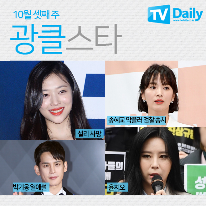 In the third week of October 2019, the entertainment industry was full of hot news, including stars who captured real-time search terms on various portal sites at the speed of light.Who is the person who caused a hot topic for a week?late Sulli DeathSinger and Actor Sulli has died; the year of the year is 25.According to Police, Sulli was found dead at his home in Simgok-dong, Seongnam-si, at 3:21 pm on March 14.The manager was reported to have found Sulli who died after visiting the house when he could not contact him after the last call at 6:30 pm the previous evening.SM Entertainment, a subsidiary of Sulli, said, Sulli has left us, he said. I can not believe the situation now and it is heartbreaking.I would like to ask you to refrain from spreading rumors and speculative articles for the families who are saddened by sudden buffet, and I express my deepest condolences on the last road of the deceased. I want Sullis bereaved families, who are deeply saddened by sudden misfortune, to quietly funeral.I would like to carry out all the funeral procedures such as funerals and insignia privately to the reporters, and the families do not want to cover the guests. I would like to ask you to cooperate so that the last road can be beautiful.However, according to the will of the bereaved family, the place where fans can pay their respects was set up separately at the funeral hall No. 7 (the first floor of the basement) of Sinchon Severance Hospital located in Seodaemun-gu, Seoul.The entertainment industry was in a grief over the sudden news, and it expressed its condolences by canceling the event that was scheduled for several entertainers, including SM Entertainment Artist.Amber and Victoria, who worked as F-X with the deceased, came to Korea in a hurry after seeing B-Bo from abroad and accompanied the last way of the deceased.Luna also canceled the musical schedule, and Crystal kept the mortuary for three days.Sullis funeral and ceremony were held privately on Thursday.Song Hye-kyo sends two Akpler prosecutorsTwo Akpler, who wrote malicious comments and circulated rumors toward Actor Song Hye-kyo, were handed over to prosecutors.According to the Police Department on the 15th, the netizens A and B were sent to the prosecution for prosecution of defamation and insult charges under the Information and Communications Network Act.Mr. A is accused of defaming Song Hye-kyo by publishing false facts in his blog in June, when Song Hye-kyo was known to be in divorce with Actor Song Jung-ki, saying, Chinas big sponsor is a decisive reason for divorce.Mr. B is accused of insulting Song Hye-kyo by posting malicious comments on an online article that reported the two peoples destruction at a similar time.Song Hye-kyo has filed a complaint with Police in July last year, specifying 15 Internet IDs that posted malicious comments and rumors about him.Will Ji-oh Yoon be extradited...Police asks Canada to cooperate with the judiciaryPolice asked Canadian Susa authorities to cooperate with Actor Ji-oh Yoon, a public interest informant in the late Jang Ja-yeon case.CBS Nocut News reported on the 17th that Cyber ​​Susa University of Seoul Provincial Government recently requested the Canadian Susa authorities to cooperate with the criminal justice to identify the location of Canada Ji-oh Yoon and to secure data necessary for Susa, including listening to statements.According to the report, Police will secure basic data through international criminal justice cooperation and work on the domestic repatriation of Ji-oh Yoon.However, international criminal justice cooperation takes a little longer than international cooperation through Interpol.Ji-oh Yoon claimed to have witnessed the so-called Jang Ja-yeon list, but controversy over the commercial activities of sponsors has arisen.Ji-oh Yoons book 13th testimony was sued for defamation and insult by Kim Soo-min, who met while preparing.Recently, Police delivered three requests for attendance for Ji-oh Yoon, who was accused of fraud and defamation, but Ji-oh Yoon refused to apply for an arrest warrant.However, it is said that the prosecution is considering a plan to reapply for arrest warrants in accordance with the prosecutions supplementary instructions.Park Ki-woong, an open-minded happening between close friends.Actor Park Ki-woong has denied drama production PD and romance.Park Ki-woongs agency Jellyfish Entertainment said on the 14th, The enthusiasm is not true, and the two are close friends.Earlier this morning, a media reported that Park Ki-woong has been in love with the PD of the MBC drama Na Hae-ryung for the fourth year.However, Park Ki-woong immediately denied it, and the enthusiasm was concluded with happening.Park Ki-woong is loved as an acting actor in 2005 as a movie Ghost Story, drama Gangseital, Cheese in the Trap, Return, and movie Secretly Great.Recently, after the end of the new employee, Na Hae-ryung, I am reviewing my next work.