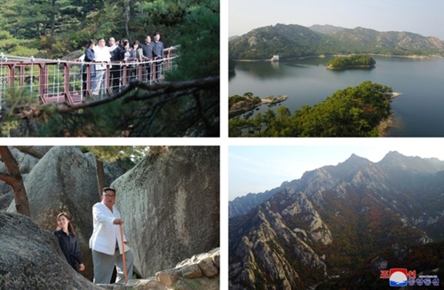 김정은, 금강산관광 현지지도…"南에 의존한 선임자들 매우 잘못" (서울=연합뉴스) 김정은 북한 국무위원장이 금강산관광지구를 현지지도하고 금강산에 설치된 남측 시설 철거를 지시했다고 조선중앙통신이 23일 보도했다. 김 위원장이 넉달 가까이 공개석상에 모습을 드러내지 않은 리설주(왼쪽 하단 사진) 여사와 걷고 있다. 2019.10.23  [국내에서만 사용가능. 재배포 금지. For Use only in the Republic of Korea. No Redistribution]       nkphoto@yna.co.kr