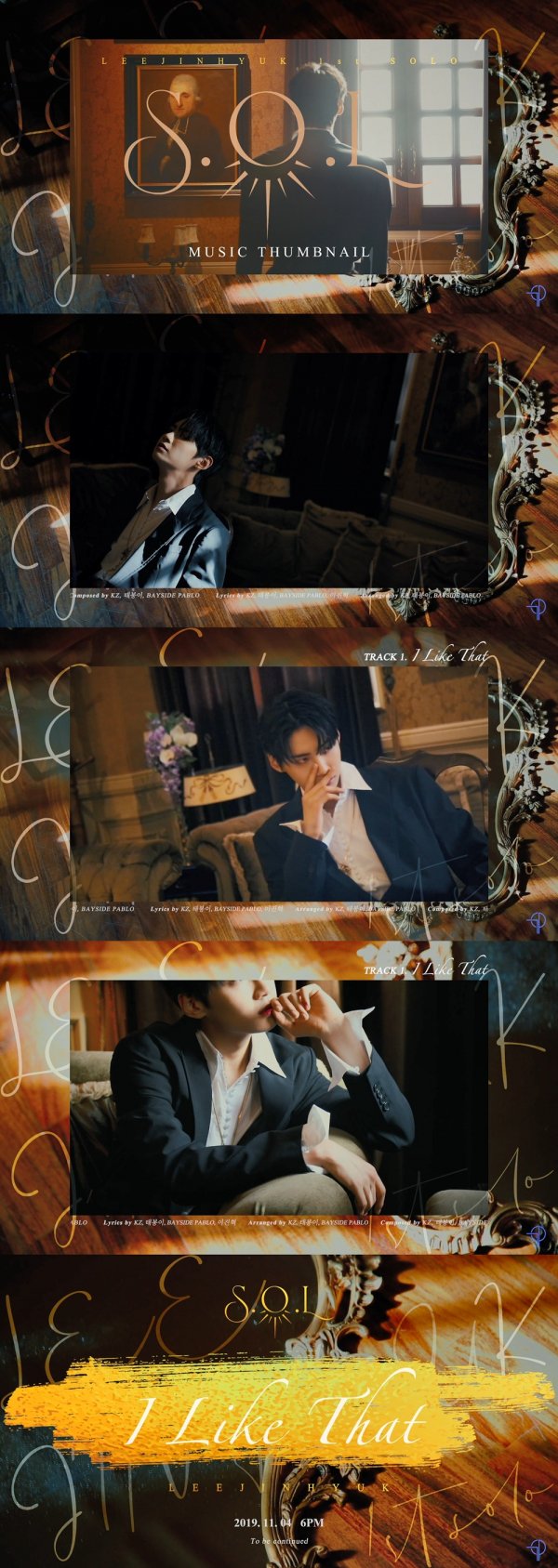 Singer Lee Jin-hyuk released the title song I Like That music thumbnail.On October 31, the TOP Media official YouTube account revealed LEE JIN HYUK (Lee Jin-hyuk) I Like That MUSIC THUMBNAIL.In the video, Lee Jin-hyuk drew attention, spewing a luxurious vibe in a black suit and white shirt.In addition, the phrase To be continued at the end of the music thumbnail boosted fans expectations by foreseeing another music thumbnail release.Lee Jin-hyuks first solo album S.O.L title song I Like That is a song of rap and hip-hop genre. It is a point of development of songs and various compositions that do not know where to go.Lee Jin-hyuk will also participate in the writing and will send a message to fly the future to be unfolded together, not alone.Lee Jin-hyuk, who started the countdown of the first solo album S.O.L. released on the 18th of last month, has raised expectations for the new album by radiating the opposite charm with pure PURE version and luxurious GOLD version.Lee Jin-hyuks first solo album I Like That will be released on and off on November 4th and will start full-scale activities starting with the showcase on the same day, as expectations for Lee Jin-hyuks solo album are rising through the released music thumbnail.Photo Offering = TOP Media