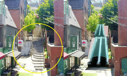 서울 서대문구가 신촌동 일대에 국내 최초 공도 에스컬레이터를 설치한다. 원래 계단(사진 왼쪽 노란 동그라미)을 걷어낸 뒤, 들어설 에스컬레이터(사진 오른쪽)의 예상 모습. 서대문구 제공