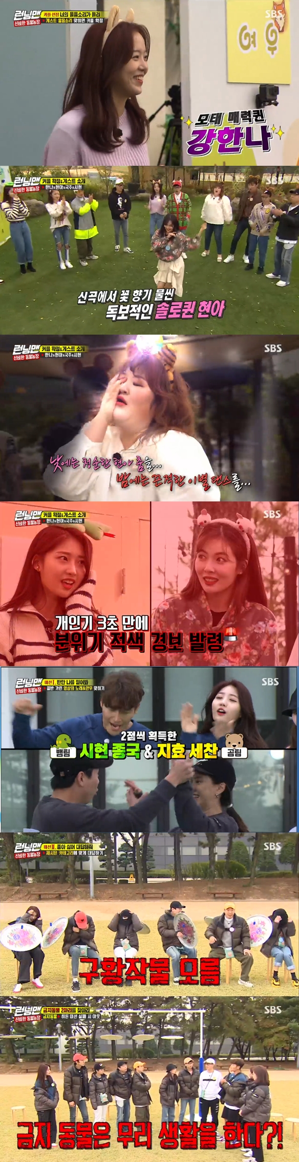 They didnt get a hint.In the SBS entertainment program Running Man broadcasted on the afternoon of the 10th, Kang Han-Na, Lee Guk-joo, Hyona, and Evergloos Shihyun came out as guests and paired with members to race with members.The members gathered at the opening saw the set waiting for the guest and started a full recording.Expecting a male guest to come out, Jeon So-min teased Yang Se-chans pants when he saw them, Why did you come overboard?So Song Ji-hyo said to Jeon So-min in a LA Lakers sweater, Why did you wear clothes overturned? Is not it a couple of times with Sechan?Yoo Jae-Suk has revealed a story that would be suspicious between the two.Jeon So-min told Yang Se-chan, who did not worship, Yesterday I was pretty, he laughed.While the members laughed and talked, the crew informed the members that it was time to release the guest.The crew asked Song Ji-hyo and Jeon So-min to go behind the set with a guest.So, Jeon So-min showed his desire for a man guest, saying, Why do not we always care?Jeon So-min, who was grumbling into the set where the guest was waiting, gave Yang Se-chan a signal and laughed.The male members noticed half the identity of the guests who hid their identity with only a few questions.Especially in the Jeon So-min turn, she acted and changed her voice, but the members were able to understand at once and embarrassed her.Lee Guk-joo also asked Yang Se-chan, You are working with me.Song Ji-hyo was a member who found out the identity, but still did not find out the identity of the three guests.The guest, whose male members did not notice the identity, was the Xi-hyun of Hyuna and Everglow; Hyuna stunned the members by disassembling them into pigs and performing a perfect vocalization.Hyuna hurt him by being candid about not wanting to be paired with Lee Kwang-soo; she paired her voice with Yoo Jae-Suk.The pair of the snake-split Sihyeon was determined to be Kim Jong-kook.Song Ji-hyo was paired with Yang Se-chan, Jeon So-min with Haha, Kang Han-Na with Ji Suk-jin and Lee Guk-joo with Lee Kwang-soo.Kang Han-Na, who visited Running Man in a year, told the latest: I was lying down every day and resting, she said, when asked by Yoo Jae-Suk if she was busy.Kang Han-Na said, I also experienced the pain of separation.As the atmosphere grew darker, Kang Han-Na said, I have been over it for a while, but Yoo Jae-Suk asked the members about the overcoming cases of separation, saying, Lets help Hannah overcome because she is a family.What song is good to overcome separation? asked Yoo Jae-Suk to Kim Jong-kook, who was the first runner.What song is it? said Kim Jong-kook, exercise is the best for separation. He actually said he climbed the apartment stairs after parting, and all tongues out.Hyona showed off the stage of Flower shower, a song that came back for a long time, in front of the members.After the stage of Hyuna, Yoo Jae-Suk asked Lee Guk-joo to dance, saying, Did not you completely digest the stage of Hyuna from Red Yo?Lee Guk-joo showed the stage that did not disappoint again this time, and led the members to applaud.Shihyun, a new seven-month debut, showed his unfailing appearance in front of the entertainment betarangs, making the members happy.She said she prepared her personal life and said she would show her how to solve her throat with the siren sound, but in three seconds of her personal life, the members were embarrassed by the cheap atmosphere.Hyuna looked at Shihyun with a smile and said, I practiced my personal life really hard when I was a rookie.Although he failed in his personal life, Everglows new song stage was perfectly presented and sighed.After the opening, a full-scale race was held. The crew ordered members to find banned animals in the animal farm.Two banned animal members had to perform the Hidden mission for each round, and if the banned animal member who failed the Hidden mission was automatically eliminated.The first mission result was the team that received hints about banned animals, Kim Jong-kook, Shihyun team and Song Ji-hyo Yang Se-chan team.Kim Jong-kook, who received the hint, looked confident, saying, Its getting clear now. In the second mission, it was a group mission.If successful in the group mission, all 12 people were given hints about banned animals.On the second mission, members with pure brains were able to play a big role: answering the question, Okay, no.Ten chances were given but failed to cross the minefield Yang Se-chan and Song Ji-hyo and failed the mission.For members who did not get the mission, Kim Jong-kook shared a hint that forbidden animals live in groups.