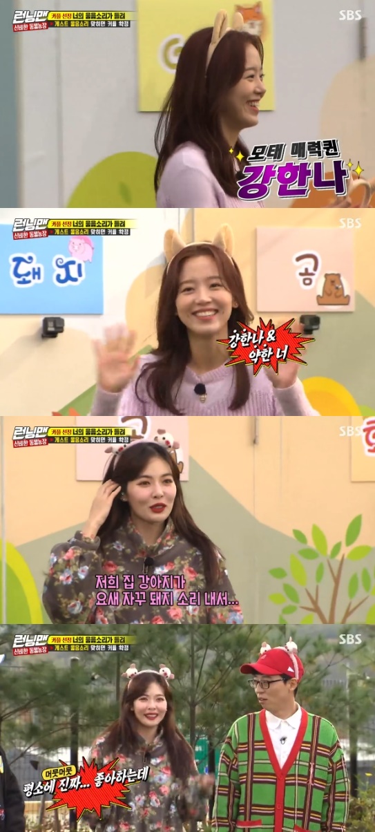 Running Man Hyona and Kang Han-Na appeared as guestsOn SBS Good Sunday - Running Man broadcasted on the 10th, Yoo Jae-Suk was shown praising the comment of Jeon So-min.The couples selection began with I hear your cries.Jeon So-min, Song Ji-hyo and four guests modulated their voices, and the members heard it and guessed who it was.The members laughed at the voices of Jeon So-min and Song Ji-hyo, who also hit the exotic voice Baro.Lee Kwang-soo laughed, saying, Did you not alter it?The identity of the guests was later revealed: the fox was Kang Han-Na.Kang Han-Na laughed when he said, You did not call me when you came out before, about the reason why you wanted Lee Kwang-soo and Ji Suk-jin.Pigs were Hyuna; Hyuna became a couple with Yoo Jae-Suk.I usually like it really, but its a bit, Hyuna said when asked why he excluded Lee Kwang-soo.Photo = SBS Broadcasting Screen