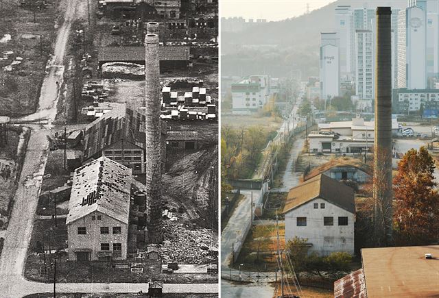 광복 직후 한반도에 주둔한 미군은 ‘일본육군조병창’ 부지를 접수해 군수지원사령부(애스컴시티)로 사용했다. 1973년 주한미군이 기지 대부분을 우리 정부에 반환하고 부지가 개발되면서 조병창의 흔적도 대다수 사라졌지만 유일하게 존속된 인천 부평구 ‘캠프 마켓’에는 조병창 건물 34개 동이 아직 남아 있다. 1954년 미군이 애스컴시티를 촬영한 항공사진(왼쪽)과 26일 인근 아파트 옥상에서 촬영한 캠프 마켓 사진에 동일하게 등장한 건물이 그중 일부다. 광복 이후 6ㆍ25전쟁을 겪는 사이 대규모 건축의 여력이나 필요성이 미군에 없었고 기존 건물을 활용하는 미군 주둔 방식으로 미루어 해당 건물은 일제강점기에 지어진 것으로 강하게 추정된다. 미국 국립문서보관청(NARA)ㆍ뷰엔팀