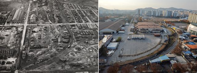 1954년 미군이 항공 촬영한 애스컴시티 사진(왼쪽)과 26일 아파트 옥상에서 촬영한 캠프 마켓 사진. 대형 굴뚝과 일부 건물, 철길의 위치가 서로 동일하다. 미국 국립문서보관청(NARA)ㆍ뷰엔팀