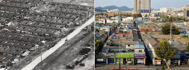 1954년 미군이 촬영한 항공 사진 속의 영단주택(왼쪽)과 현재 남아 있는 영단주택. 일제강점기 영단주택은 조병창에서 노역을 하던 사람들이 거주하던 독특한 형태의 공동주택이다. 1954년 촬영 당시엔 부평 주민을 비롯해 미군부대 근로자들이 살았을 것으로 추정된다. 미국 국립문서보관청(NARA)ㆍ뷰엔팀