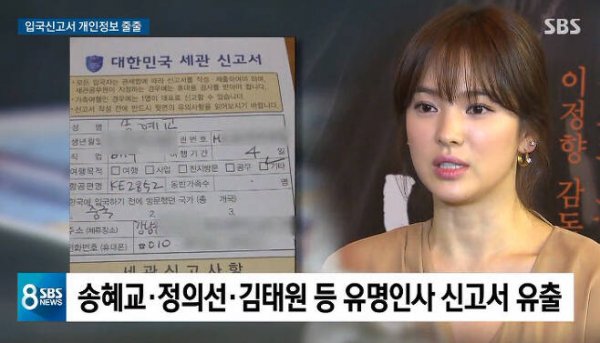 Celebrity customs traveler carry-on reports, including Actor Song Hye-kyo and former national football team player An Jeong-hwang, have been outflowed by customs staff.On the 1st, SBS 8 oclock news obtained Customs documents and photos of celebrities from public interest informants.These reports were written from 2011 to 2015, and the characters entered the country by air and submitted them to the airport customs.The report includes a passport number, date of birth, phone number and home address.According to Singapore Customs, if the customs declaration is outflowed, the maximum penalty of five years in prison can be obtained due to the violation of the Personal Information Protection Act, Article 127 of the Criminal Code, the confidential disclosure clause of official affairs, and the confidentiality clause of tax information under Article 116 of the Customs Act.
