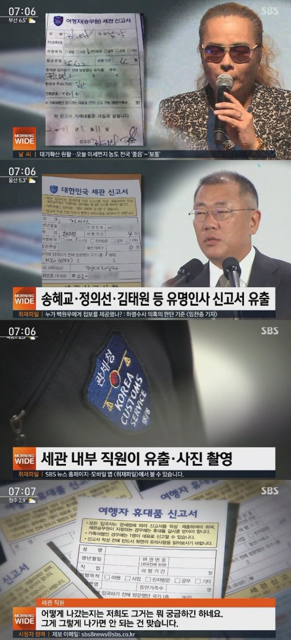 Celebrity customs traveler carry-on reports, including Actor Song Hye-kyo and former national football team player An Jeong-hwang, have been outflowed by customs staff.On the 1st, SBS 8 oclock news obtained Customs documents and photos of celebrities from public interest informants.These reports were written from 2011 to 2015, and the characters entered the country by air and submitted them to the airport customs.The report includes a passport number, date of birth, phone number and home address.According to Singapore Customs, if the customs declaration is outflowed, the maximum penalty of five years in prison can be obtained due to the violation of the Personal Information Protection Act, Article 127 of the Criminal Code, the confidential disclosure clause of official affairs, and the confidentiality clause of tax information under Article 116 of the Customs Act.
