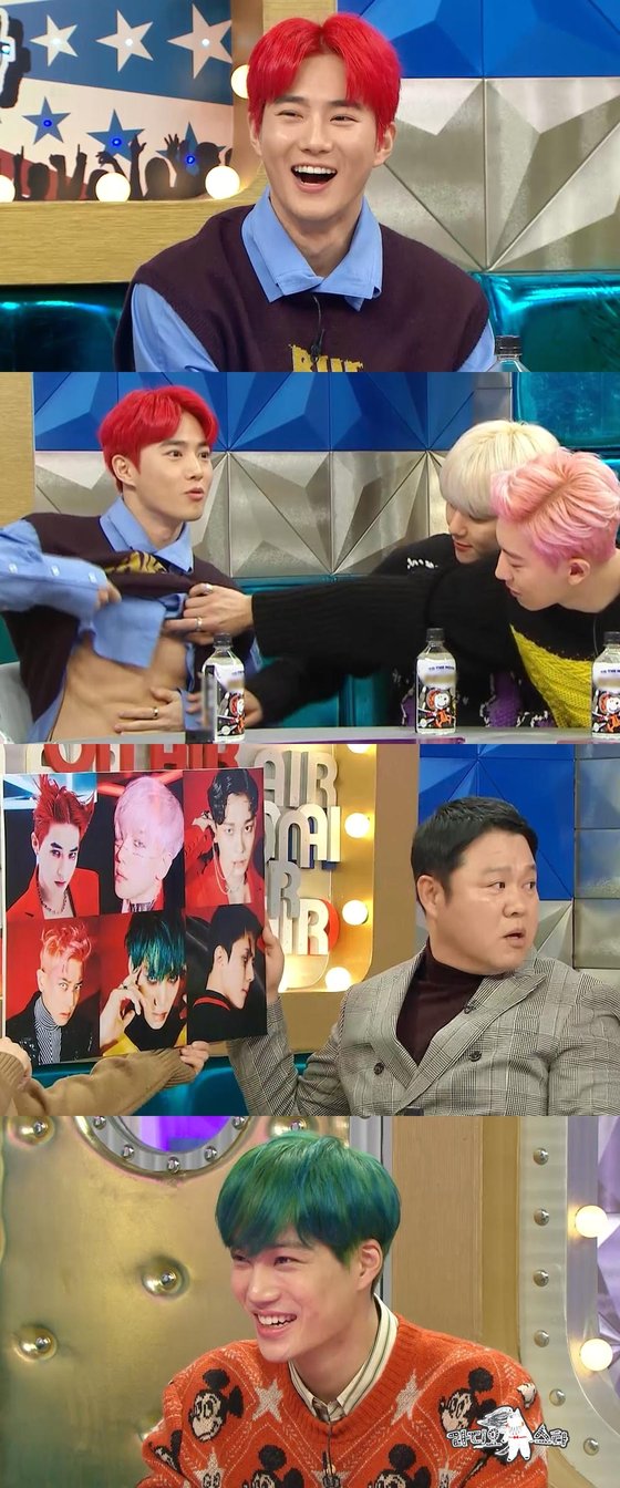 The high-quality talk show MBC Radio Star, which will be broadcast at 11:05 pm today (4th), will feature EXO Suho, Baek Hyun, Chan Yeol, Kai, Sehun and Chen.EXO leader Suho releases a sense of entertainment, which draws attention by revealing not only the abdominal muscle disclosure but also the shimmering black history.However, the members ignore it and laugh.Suho expresses his regrets to Gim Gu-ra, who had kept Gim Gu-ras dissenting remarks in his mind in the past.Gim Gu-ra, who heard this, is embarrassed and praises It is an entertainment trend! Suho confesses that he is in the process of breaking the Imjingak when he sees only idol juniors.In particular, he refers to the legendary midwinter jacket in Imjingak, and then the video of the incident is released.In addition, Kai claims to be a laugher character. He is in charge of laughter among his best friends, including BTS Ji Min and Shiny Taemin.Why did Kai reveal her confidence in laughter, with everyone responding incredulously?Kai also picks out the members who are concerned about mentality, explaining that the person seems to be affected by the evil.It is noteworthy who will be the main character who received the worry of the members.