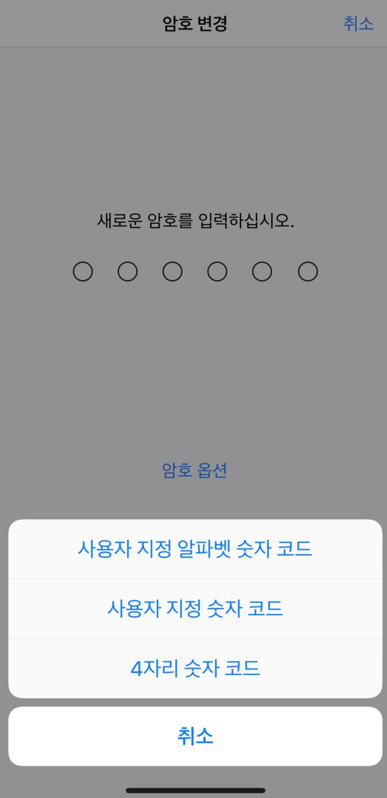 아이폰의 비밀번호 설정 화면. 기본 6자리 숫자로 설정하지만, 보안 강화를 위해 여러 옵션을 선택할 수 있다. 권유진 기자