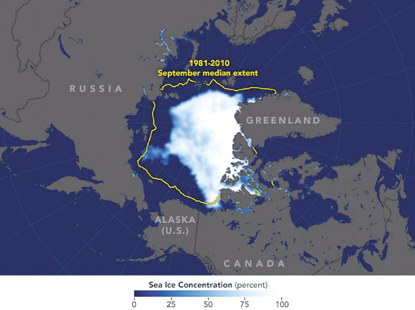 지도에서 흰 부분이 2018년 9월 북극 면적. 노란선은 1981~2010년 9월 평균 북극 면적을 말한다. [NASA 제공]